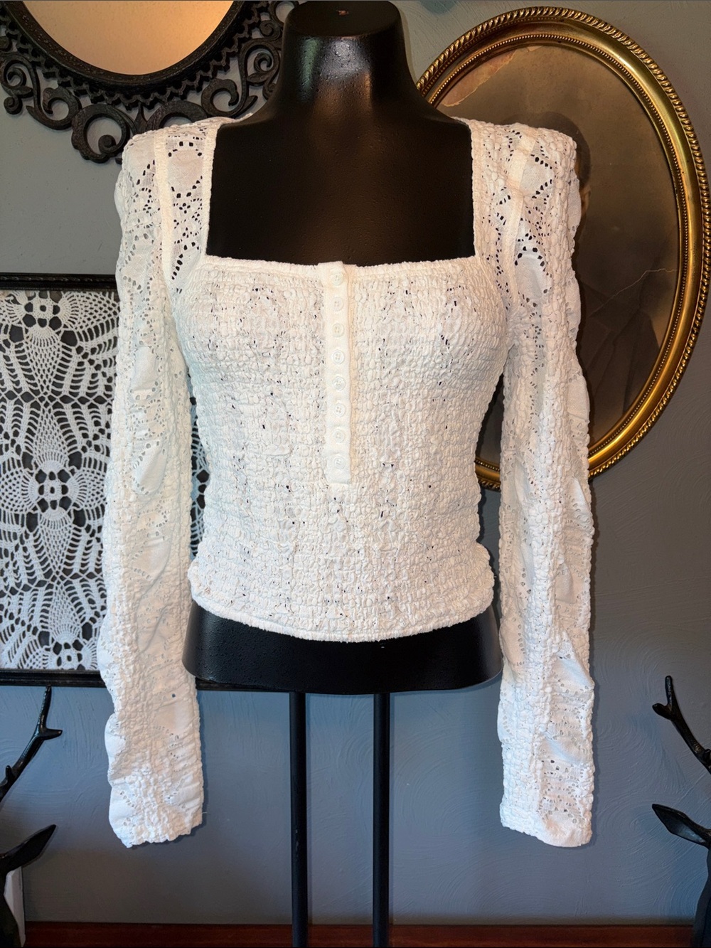 Endless Rose White Smocked Crochet Square-Neck Blouse
